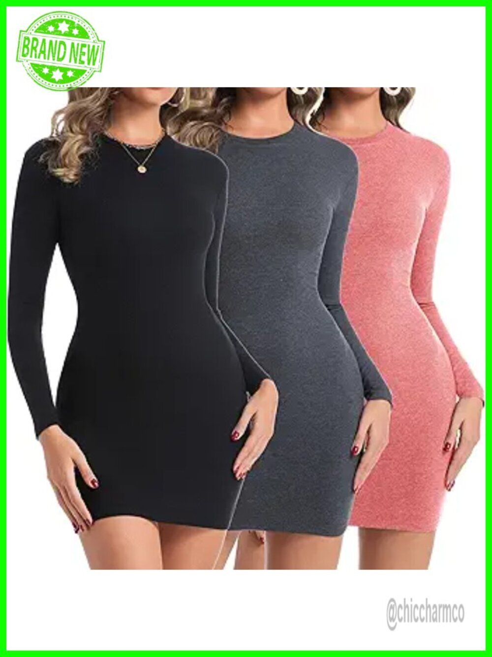 Ribbed Crewneck Bodycon Mini Dress Long Sleeve Club Party